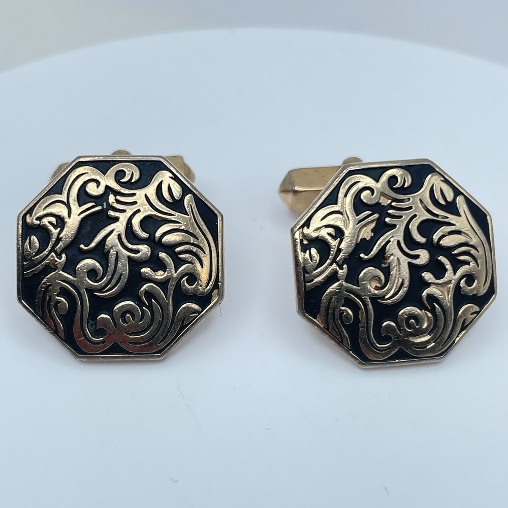 Vintage 90s Swank Cufflinks Gold Tone Black Enamel Filigree Octagon Men's